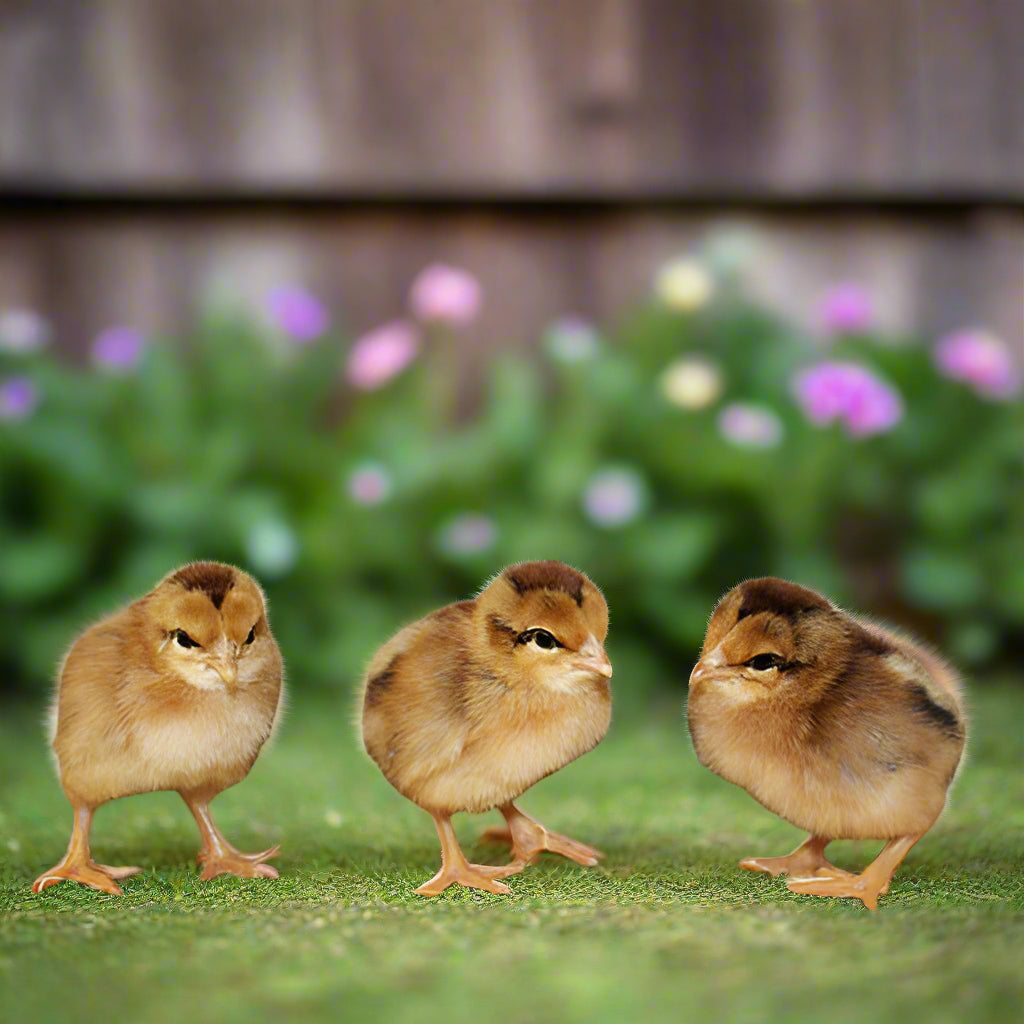 Welsummer hens with speckled terra cotta eggs, 6-10 weeks old, from Az Chickens, ideal for backyard raising.