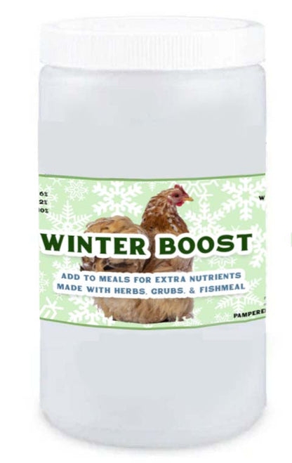 White container of Winter Boost herbal supplement for chickens, featuring a hen graphic on label.