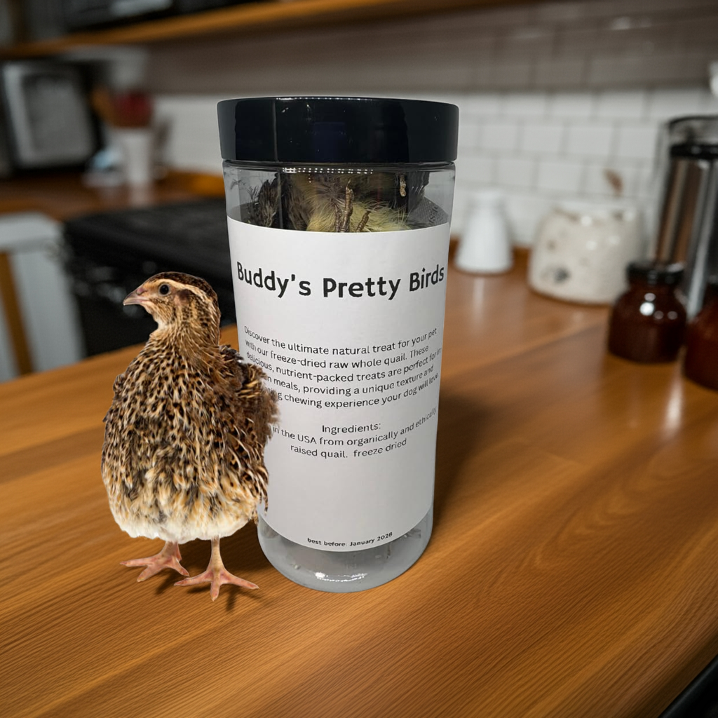 Freeze-dried whole quail dog treats in a pack of 5 by Quailz.com, ideal for bird training